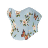 Belly Oil Painting Wind Corset Top Yarn Dyed Jacquard Fish Bone Waist Corset 22048