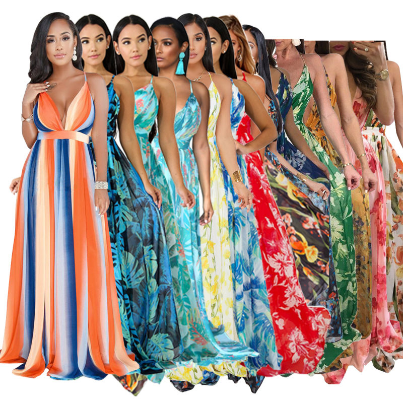 Fashion Ladies Summer Print Floral Boho V Neck Beach Casual Maxi Dresses Long M8212