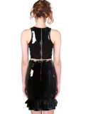 Women Sexy Black Leather Two Pcs Dress M7272