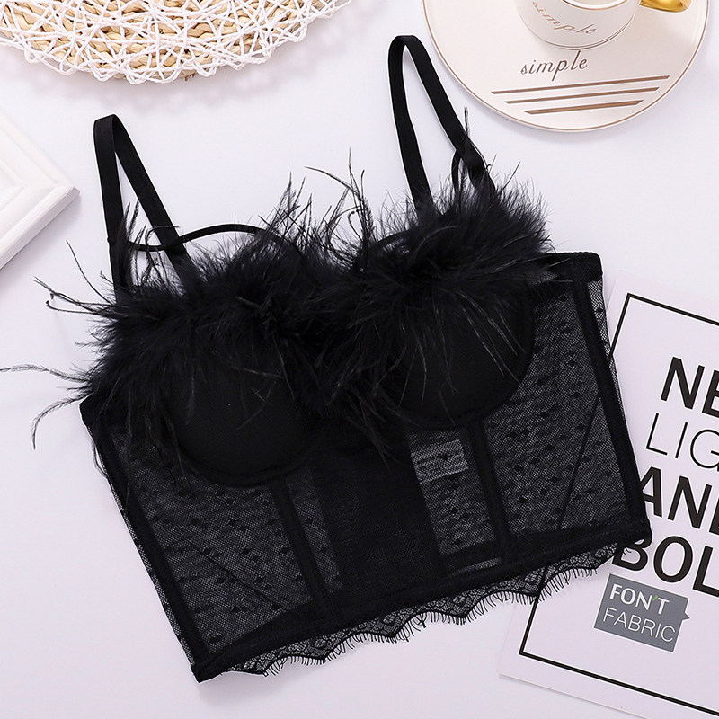 Fashion Lace Mesh Suspender Hollowed Out Vest Sexy Feather Wipe Chest KN8058