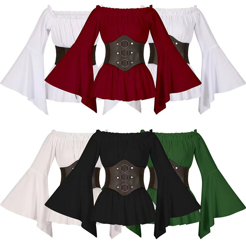 Women's Renaissance Long Sleeved Pleated Waist Bohemian Pirate Shirt Belt SM3024