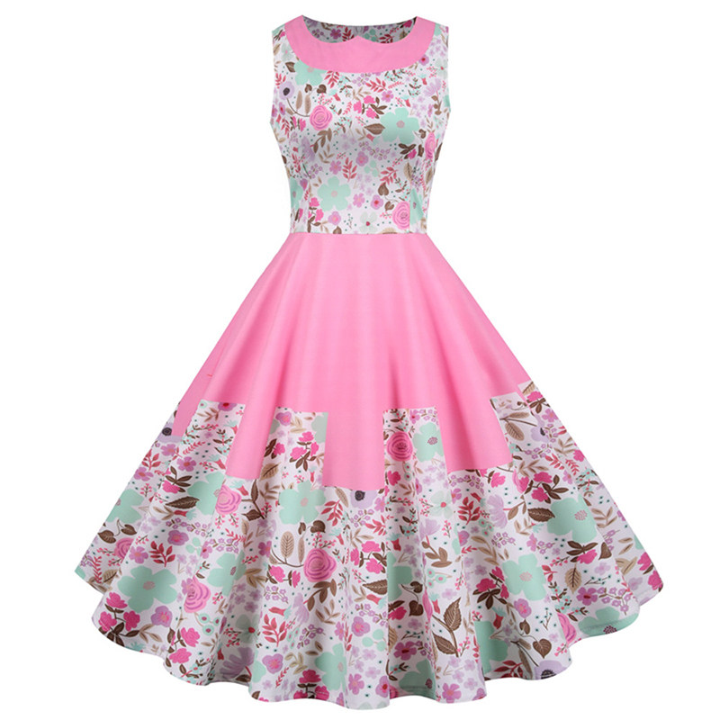 Sleeveless Pleated Pink French Retro Female Printing Dress JY15102
