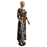 Women V-Neck Half Sleeves Chain Print Maxi Dress M8349