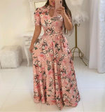 Casual Short Sleeve Long Boho Floral Print Maxi Dress M8410