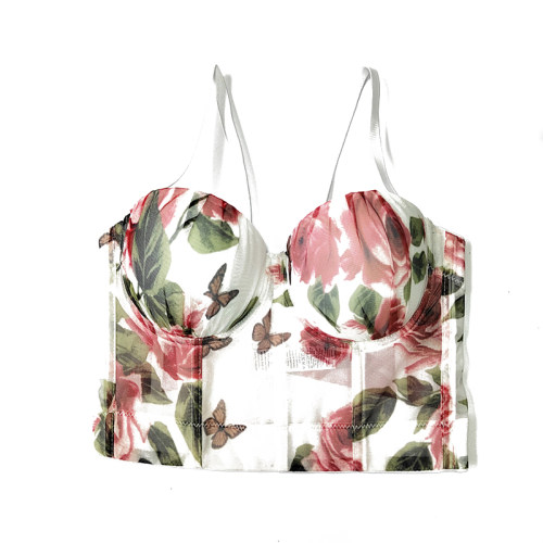 Body Shaping Rose Print Chest Mesh Corset Short Backless Pleated Underwear KN8467
