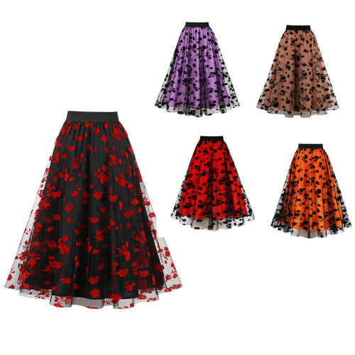 Mesh Double Flocking Floral Skirt With Waist Floral Print Women Full Skirt 5047