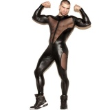 Men's Sexy Mesh Patchwork PVC Leather Bodysuit N972