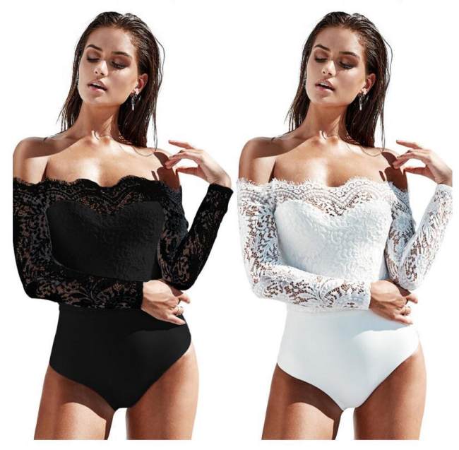 Sexy Off Shoulder Mesh Lace Skinny Bodysuit Top M2147