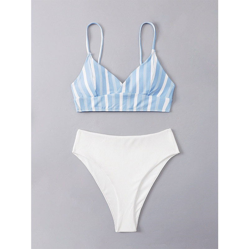 Women Blue White Wtriped Bikini Split Body Strap Swimsuit A2208