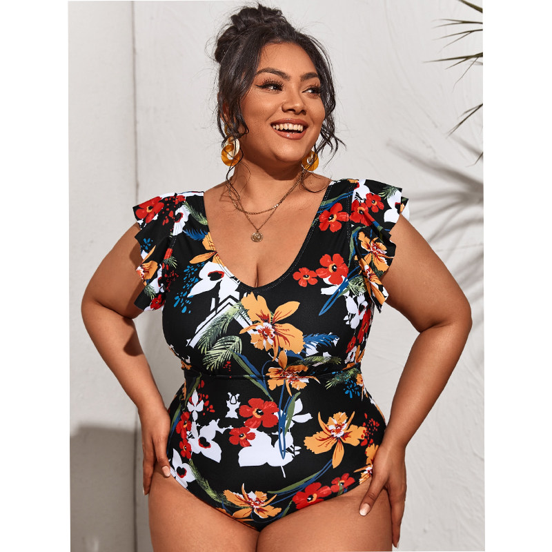 Print Bikini One Piece Swimsuit Plus Size Women Short Sleeve Swimsuit 387