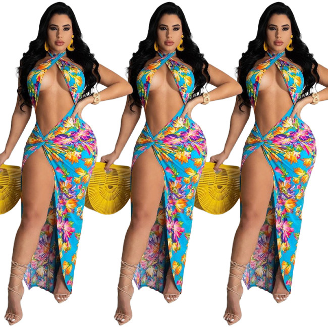 Casual Beach Split Fork Floral Print Backless Maxi Dress M8603