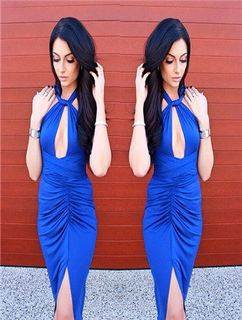 Royal Blue Front Keyhole Crossover Neck Bodycon Dress M30033a