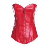 zipper front red leather corset m7122b