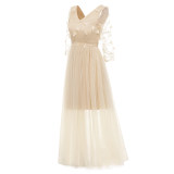 Net Yarn Flowers Wedding Bridal Long V-Neck Club Sexy Thin Dress CD1672