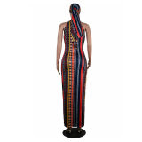 High Stretch Sexy Striped Bodycon Dress With Head Scarf M8288