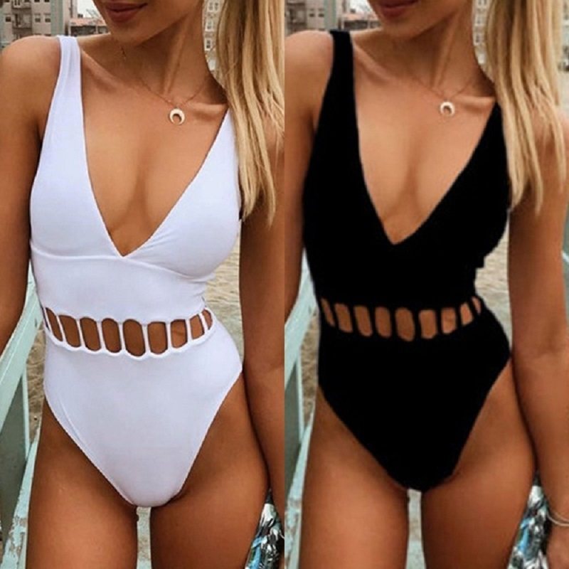 Deep V Neck Sexy Black White Women Hollow Out One Pieces Swimsuit XM1001