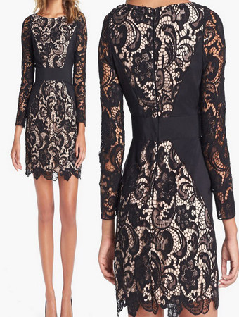 Long Sleeve Crochet Lace Panel Bodycon Pencil Dress M3862