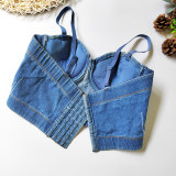 Denim Blazer Shaped Top With Chest Pad Nailed Beaded Vest 8972