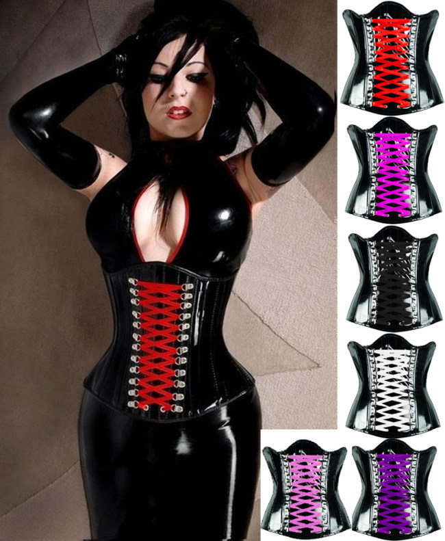 five colors ribbons black leather corset m1259