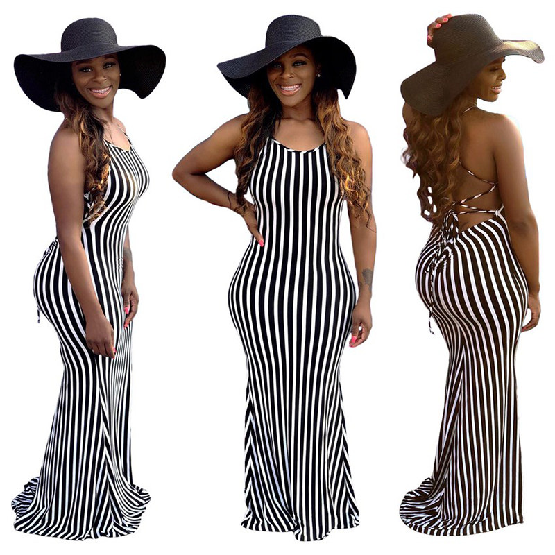 Fashion Striped Sexy Summer Strappy Halter Sexy Women Dress 8620