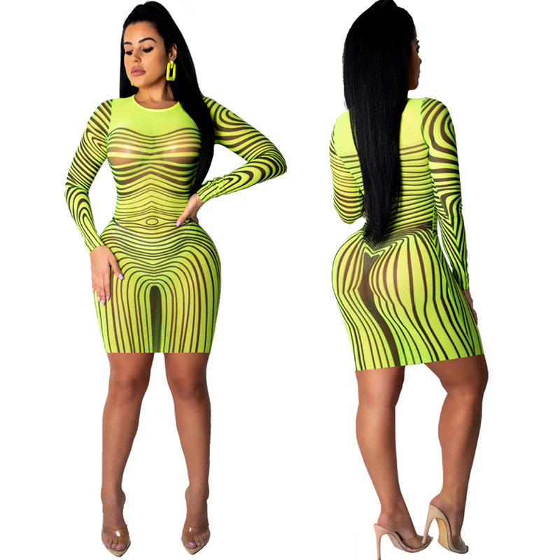 Long Sleeve Striped Mesh Sexy Bodycon Dresses M8366