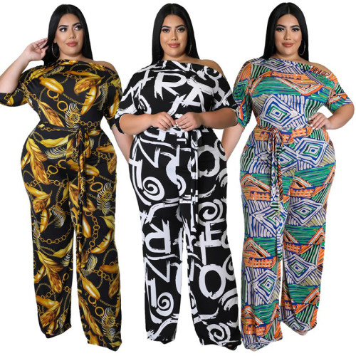 Plus Size Short Sleeved Printing Shoulder Two Piece Long Pants Set 8615