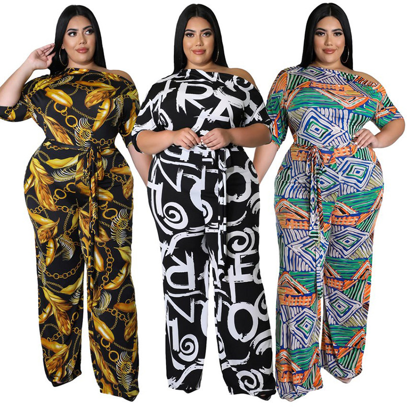 Plus Size Short Sleeved Printing Shoulder Two Piece Long Pants Set 8615