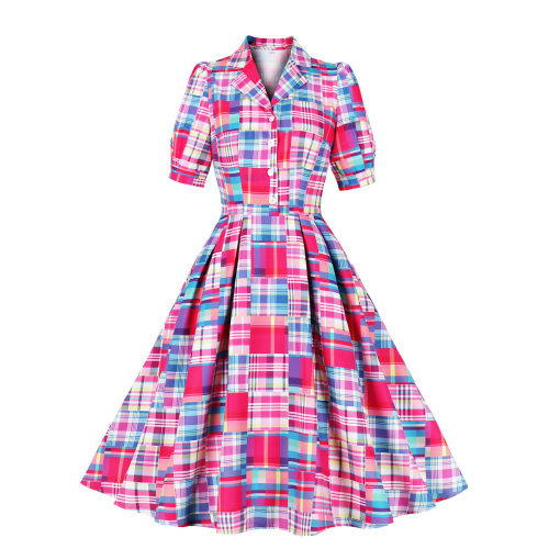 Women Elegant Casual Plaid Printed Vintage Pinup Rockabilly Hepburn Swing Dress M5167