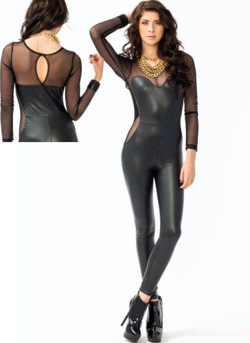 Black Sexy Mesh and Leather bodysuit M7217