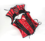 Retro Shiny Metallic Faux Leather Corset Set Women Overbust Bustier Femme Punk Clothing WK2304b