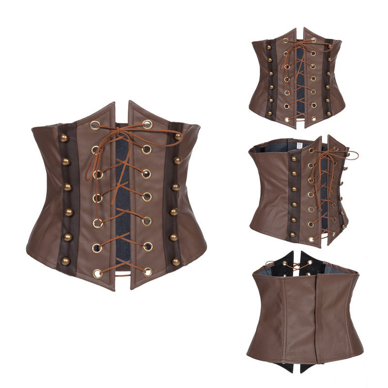 Gothic Steampunk Leather Court PU Dark Vintage Sexy Lace Up Corset Top H3821