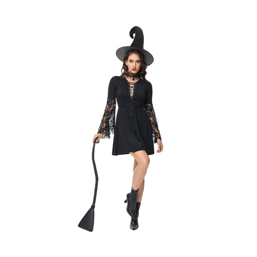 Halloween Party Cosplay Stage Black Cutout Lace Witch Dress Costume SL3399