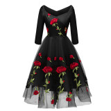 Rose Embroidery Dinner Party Lady Evening Net Yarn Dress Wedding Sexy CD1657