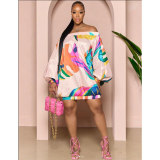 Women's Clothing  Line Shoulder Lantern Sleeve Printed Dress YM8623