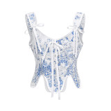 Vintage Corset Shapewear Print Corset Lace Folding Tie Sexy Women Bustier Tops AM22098