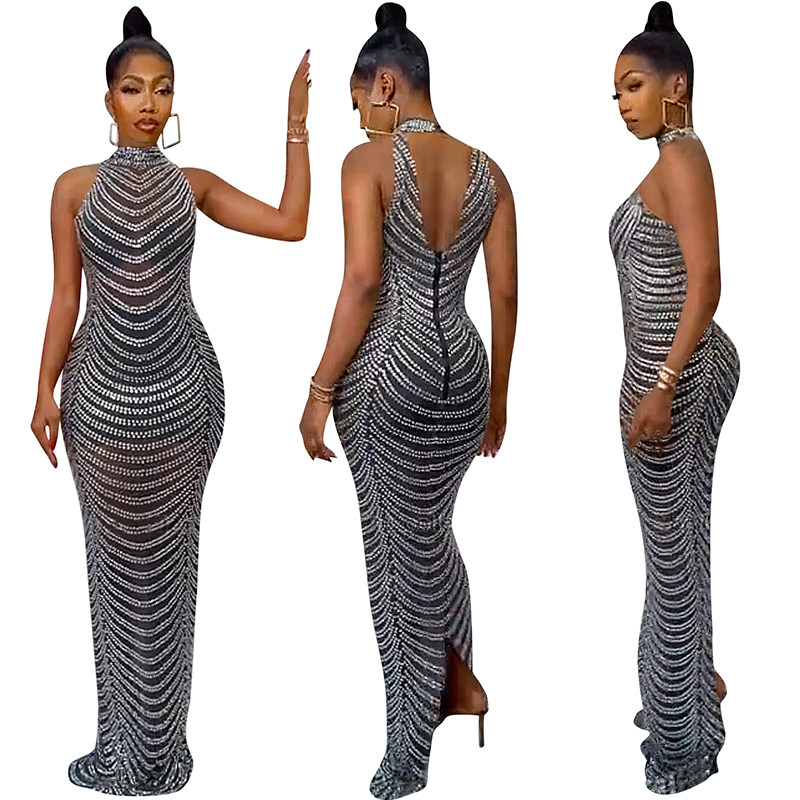 See Through Women Sexy Backless Hot Diamond Elegant Party Dress X5259