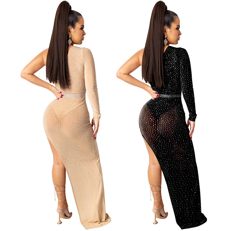 Rhinestone Mesh Women Evening Elegant Single Cuff Sexy Night Dresses X5028
