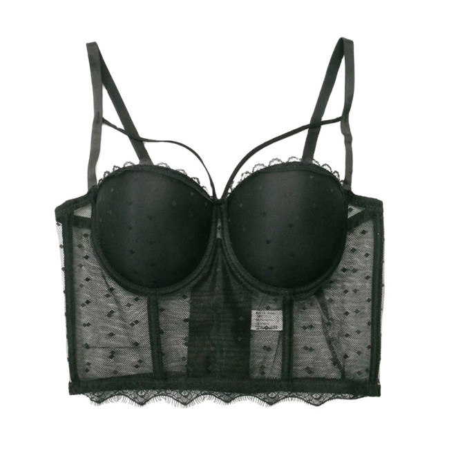 Black Polka Dot Corset Sexy Women Mesh Gauze Perspective Wipe Chest KN8055
