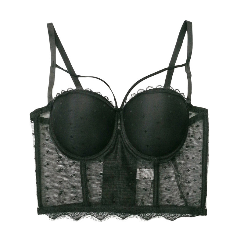 Black Polka Dot Corset Sexy Women Mesh Gauze Perspective Wipe Chest KN8055