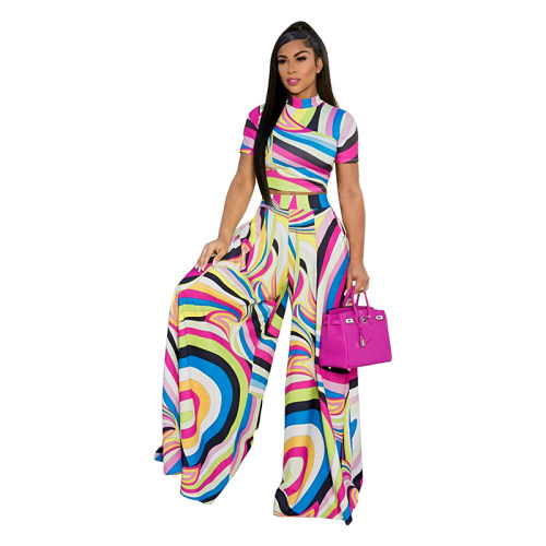 Fashion Dew Printed Wide-Leg Pants Short Sleeved Two Piece Suit 9405