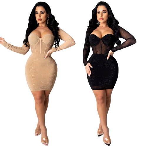 Hot Drilling Perspective Elegant Sexy Long Sleeve Dresses Women X3851