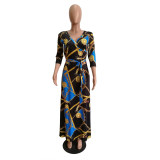 Women V-Neck Half Sleeves Chain Print Maxi Dress M8349