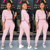 Autumn O-neck Two Pieces Set Long Sleeve Sweatshirt + Pant Suit M8473