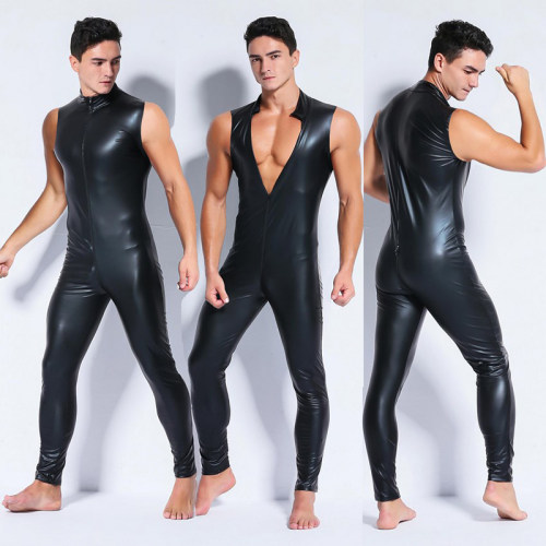Men Sexy Patent Leather Tight Stage Performance Leather Bar Jumpsuit XX6002