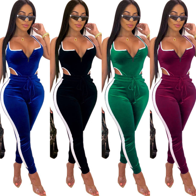 Sleeveless Zipper Hollow Out Two Piece Set Women Tracksuit M8454