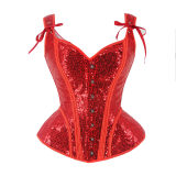 Women Red Sexy Sequin Overbust Corset Tops with Shoulder Straps WK2382