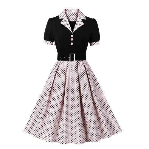 Women's 50s 60s Vintage Polka Dot Print Pin Up Rockabilly Dress With Belt M5173