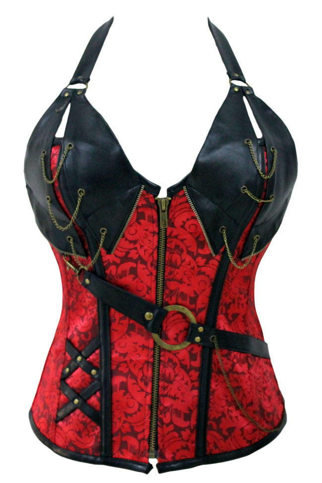 Red color corset Zipper Front leather cup top corset Halter design chain 14 steel boned corset