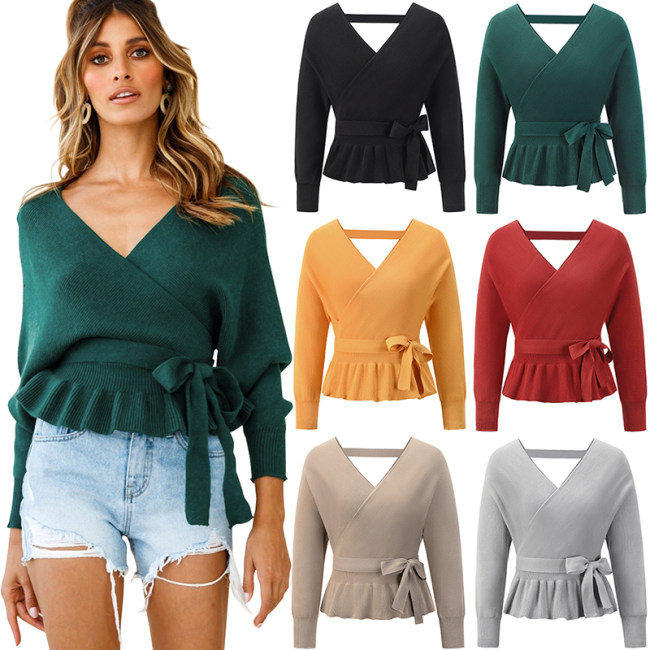 Long Sleeve Knitted Sexy Pull Over V-Neck Short Top Sweater LQ152