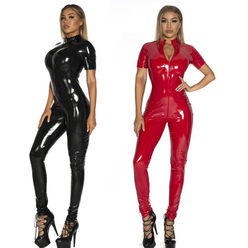 Sexy Zipper Open Crotch Jumpsuits Shiny Faux Leather Erotic Clubwear Bodysuit XX67832